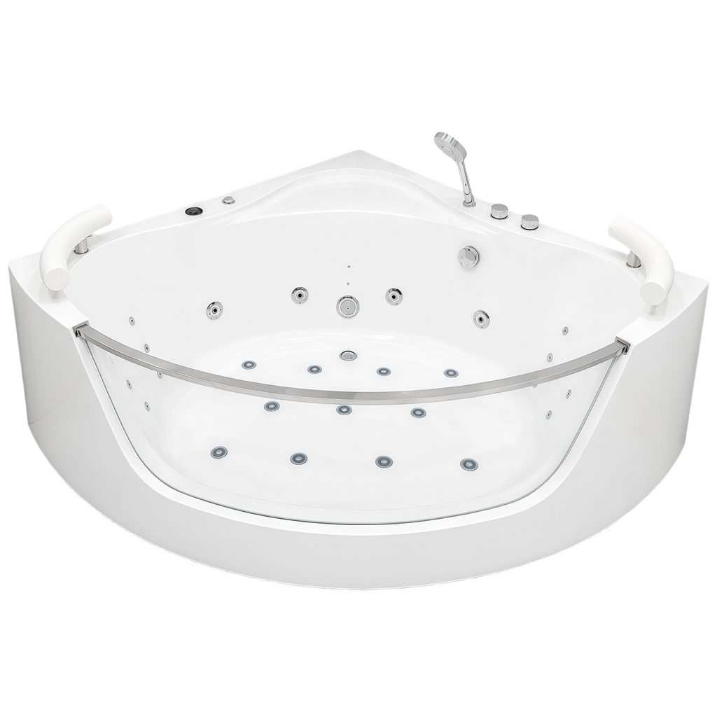 59 Inch Corner Whirlpool Bathtub for 2 Person, 16 Adjustable Jets, Built-In Heater, Chromatherapy Light, Milk White