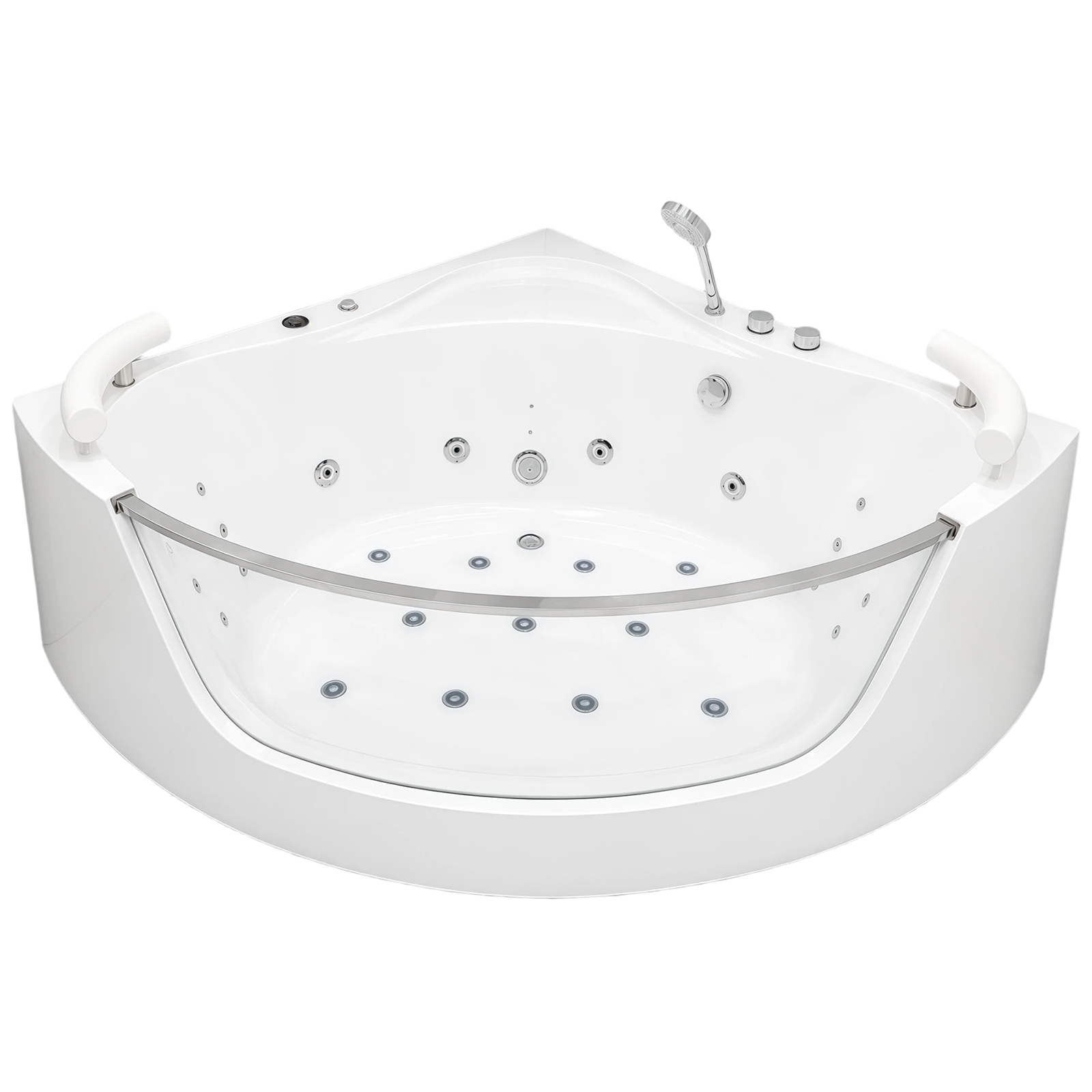 59 Inch Corner Whirlpool Bathtub for 2 Person, 16 Adjustable Jets, Built-In Heater, Chromatherapy Light, Milk White