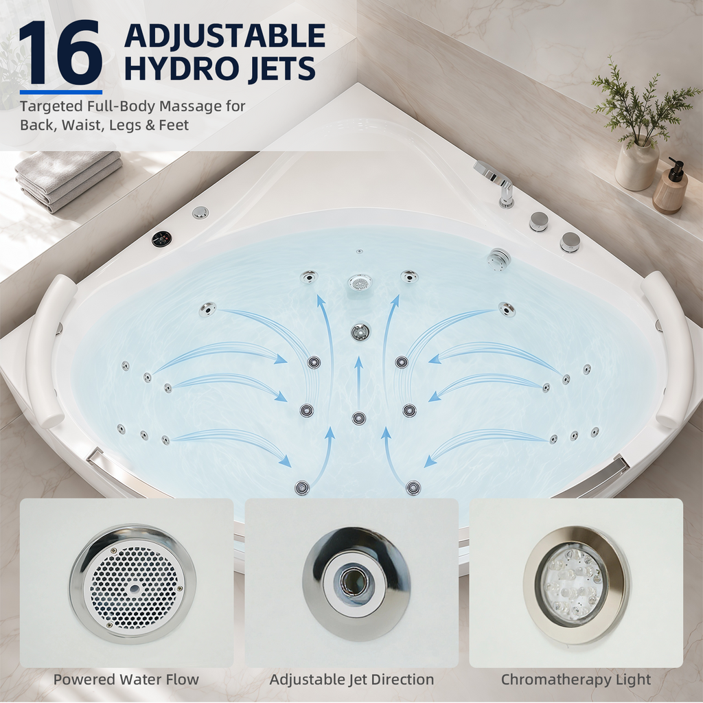 59 Inch Corner Whirlpool Bathtub for 2 Person, 16 Adjustable Jets, Built-In Heater, Chromatherapy Light, Milk White