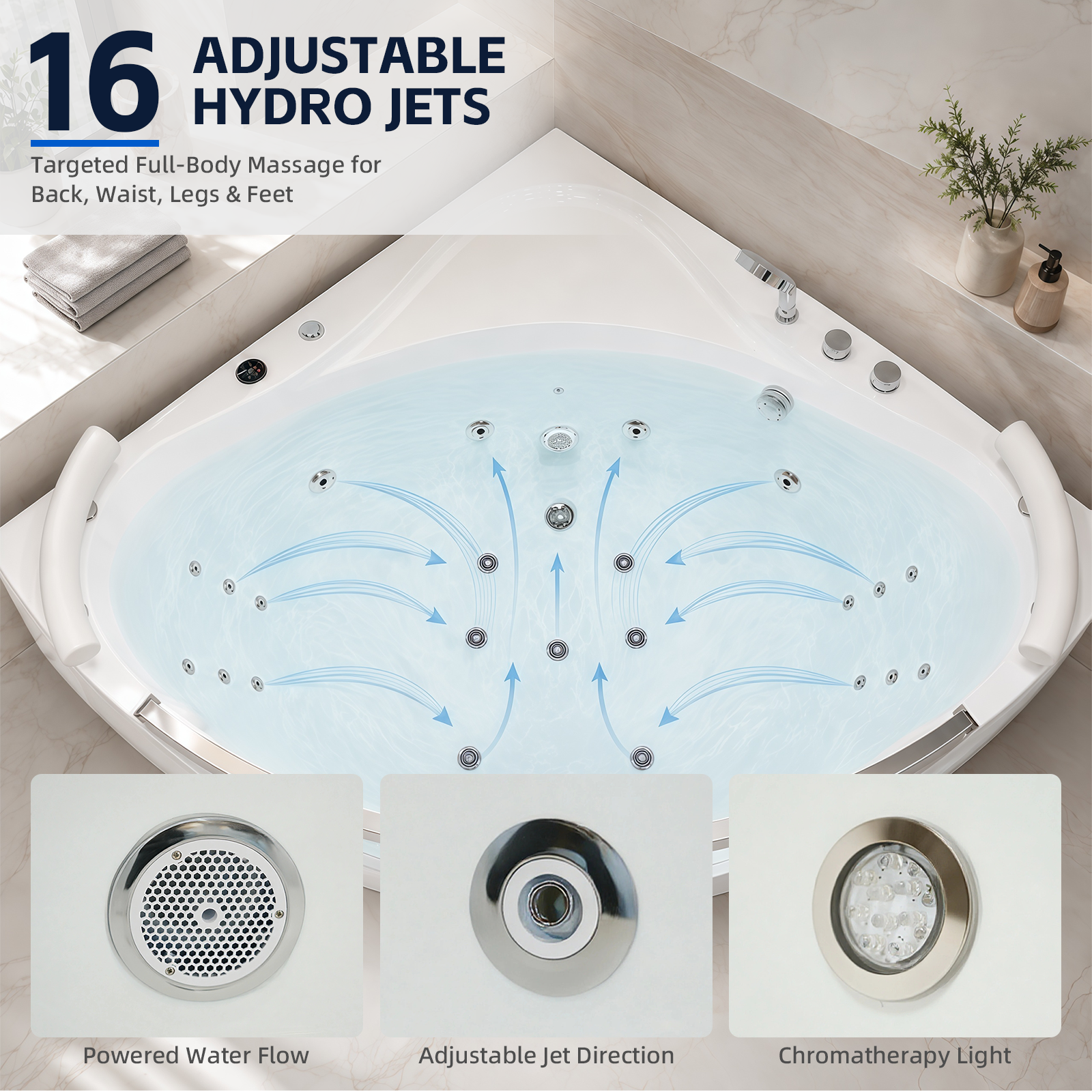 59 Inch Corner Whirlpool Bathtub for 2 Person, 16 Adjustable Jets, Built-In Heater, Chromatherapy Light, Milk White