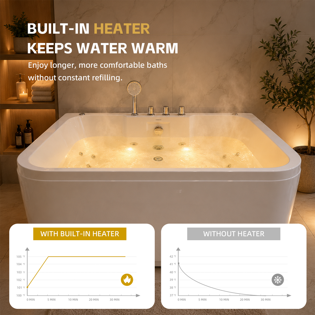Lavorian 61 Inch Acrylic Whirlpool Massage Bathtub for 2 Person 16 Water Jets LED Lights Heater for Jacuzzi Spa Massage
