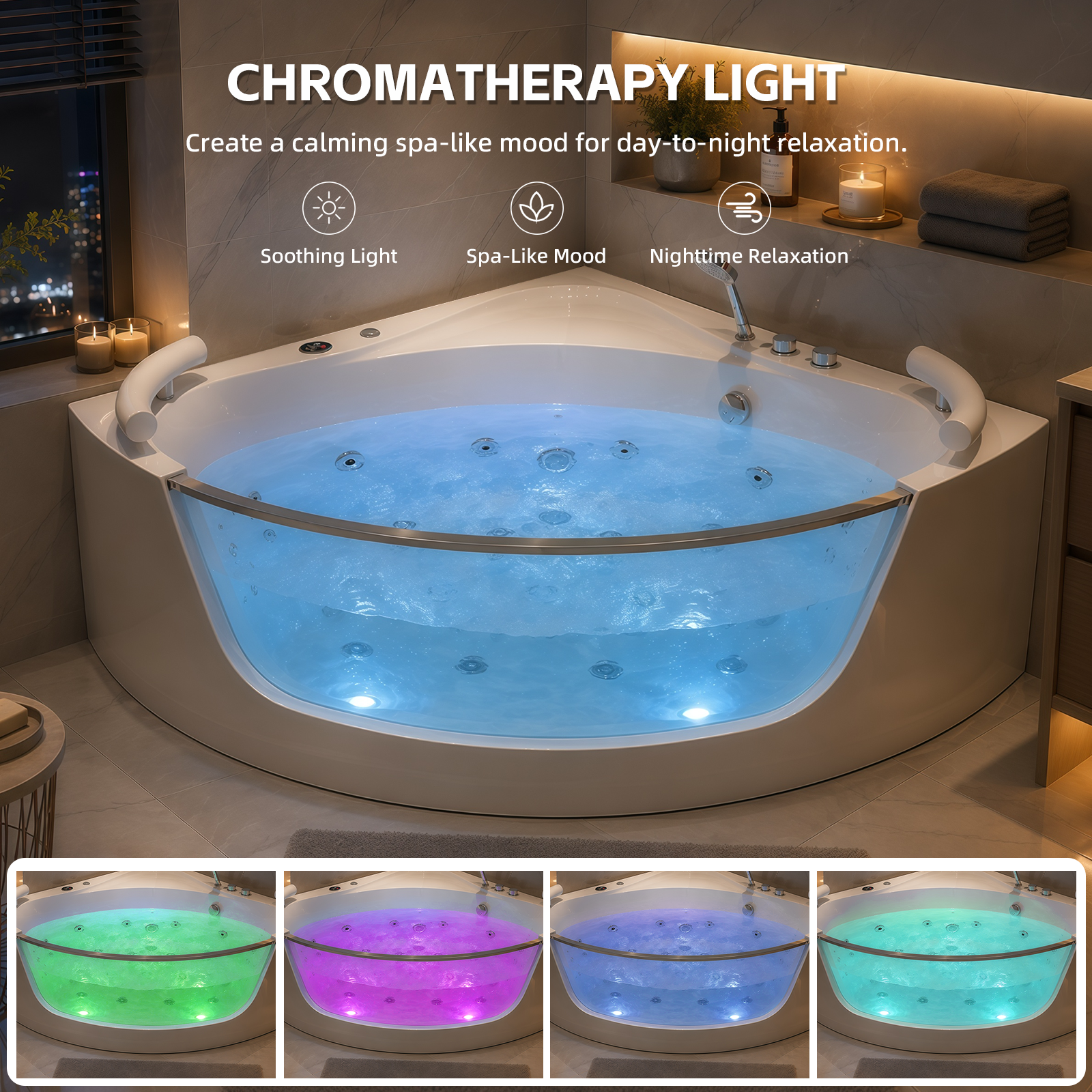 59 Inch Corner Whirlpool Bathtub for 2 Person, 16 Adjustable Jets, Built-In Heater, Chromatherapy Light, Milk White