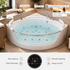 59 Inch Corner Whirlpool Bathtub for 2 Person, 16 Adjustable Jets, Built-In Heater, Chromatherapy Light, Milk White