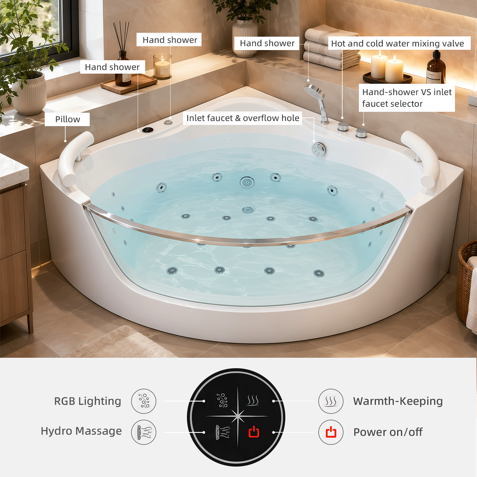 59 Inch Corner Whirlpool Bathtub for 2 Person, 16 Adjustable Jets, Built-In Heater, Chromatherapy Light, Milk White