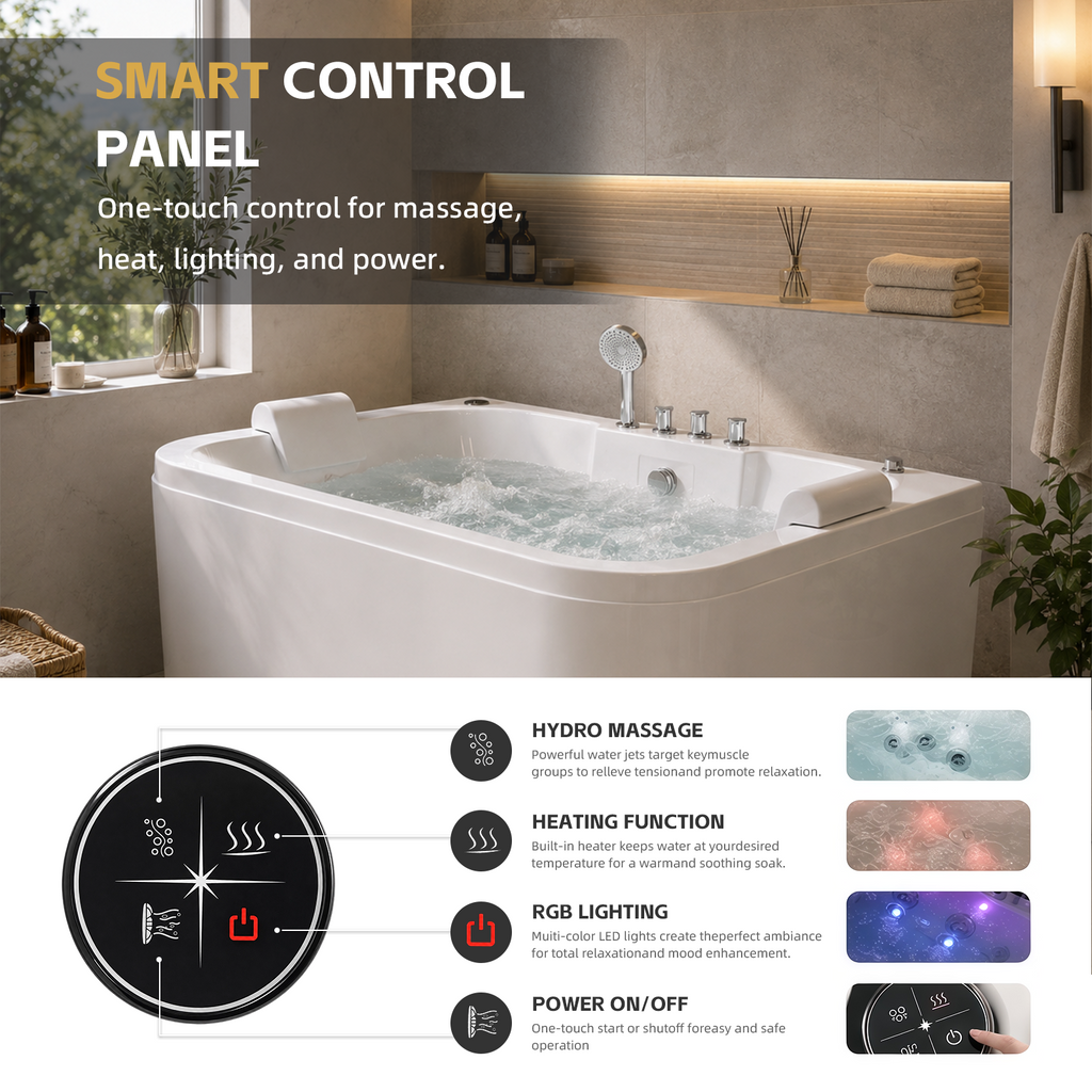 Lavorian 61 Inch Acrylic Whirlpool Massage Bathtub for 2 Person 16 Water Jets LED Lights Heater for Jacuzzi Spa Massage