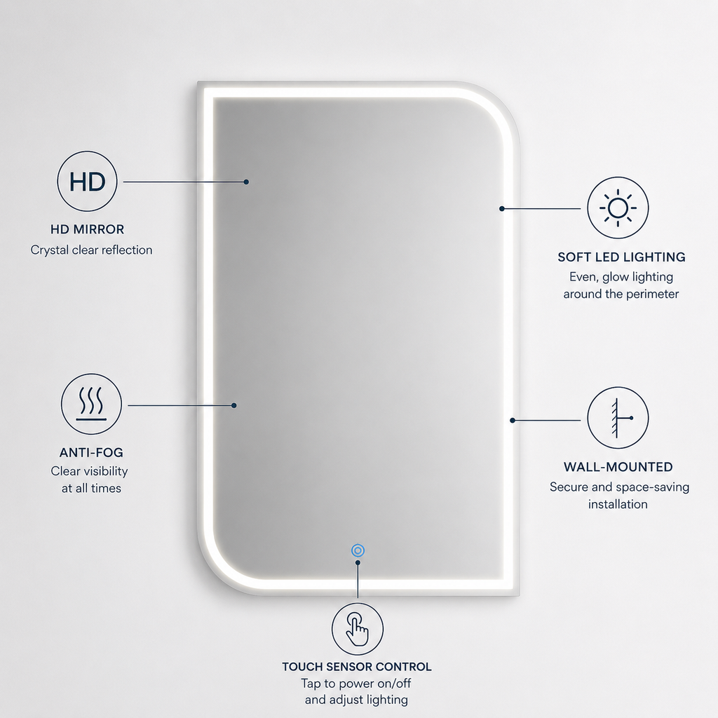 Lavorian LED Bathroom Mirror, Wall Mounted Vanity Mirror with Front Light, Anti-Fog Function, Modern Illuminated Mirror for Bathroom, Bedroom,