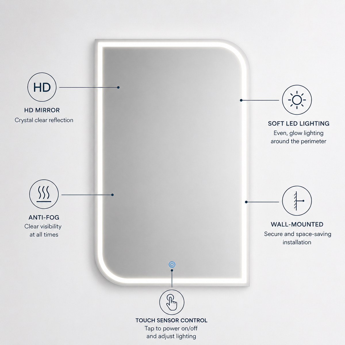 Lavorian LED Bathroom Mirror, Wall Mounted Vanity Mirror with Front Light, Anti-Fog Function, Modern Illuminated Mirror for Bathroom, Bedroom,