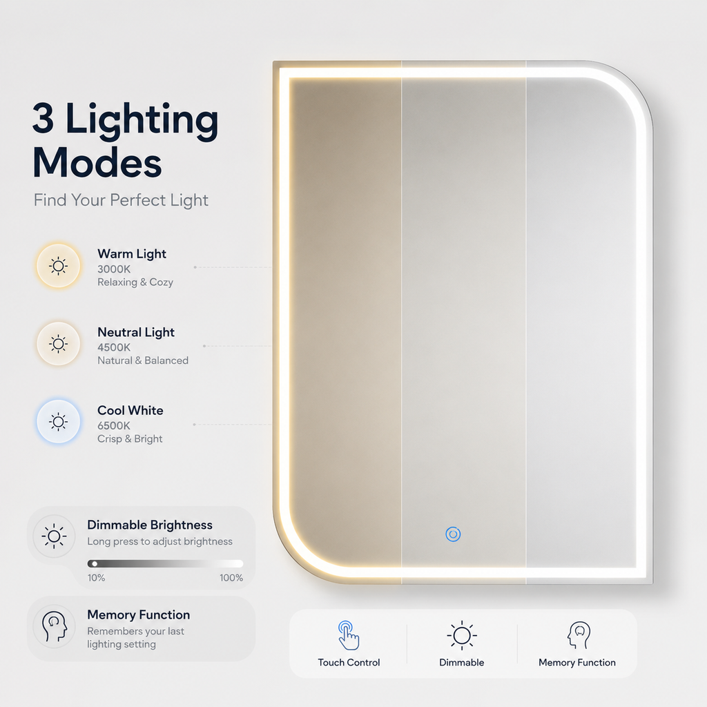 Lavorian LED Bathroom Mirror, Wall Mounted Vanity Mirror with Front Light, Anti-Fog Function, Modern Illuminated Mirror for Bathroom, Bedroom,
