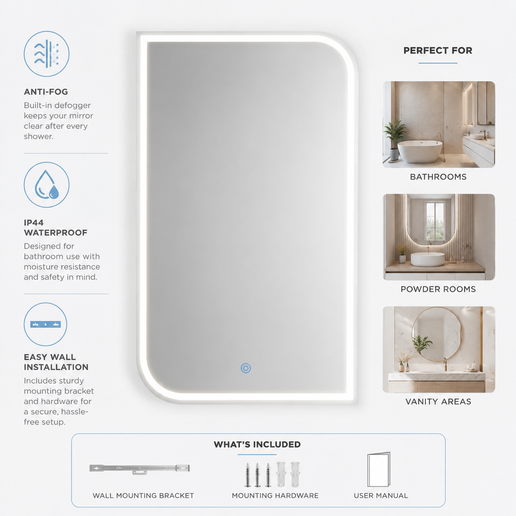 Lavorian LED Bathroom Mirror, Wall Mounted Vanity Mirror with Front Light, Anti-Fog Function, Modern Illuminated Mirror for Bathroom, Bedroom,