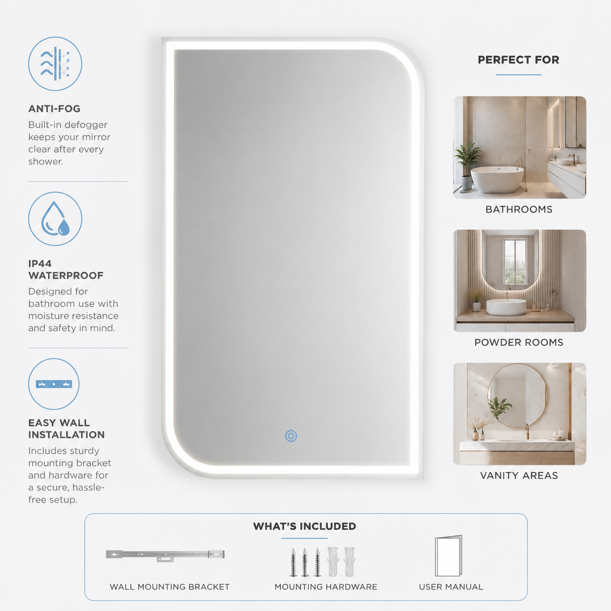 Lavorian LED Bathroom Mirror, Wall Mounted Vanity Mirror with Front Light, Anti-Fog Function, Modern Illuminated Mirror for Bathroom, Bedroom,